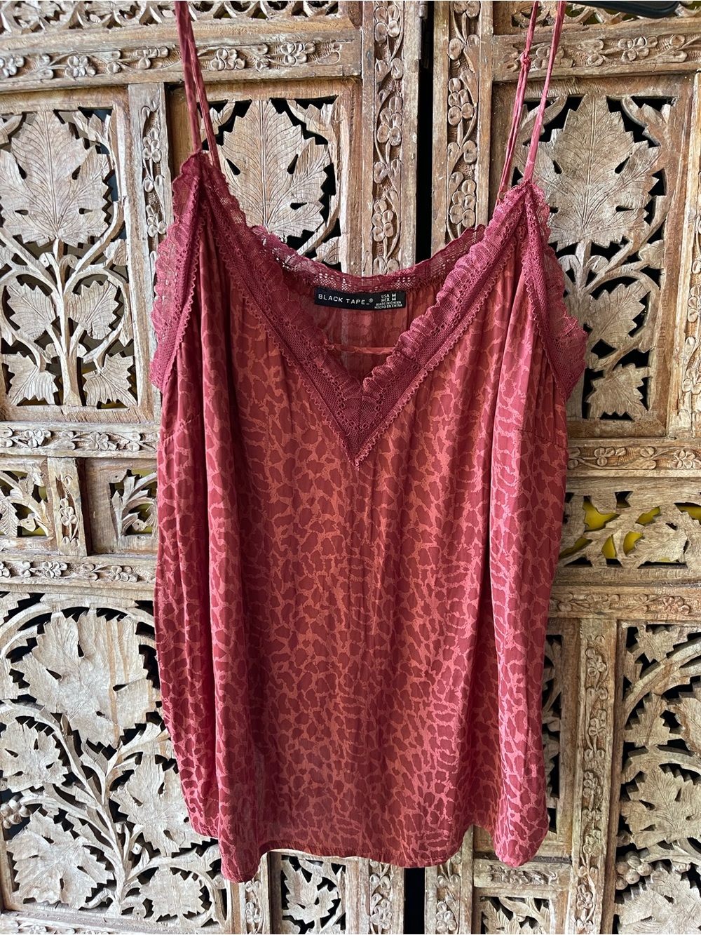 Black Tape_ Lace-Trim Dusty Red Leopard Cami